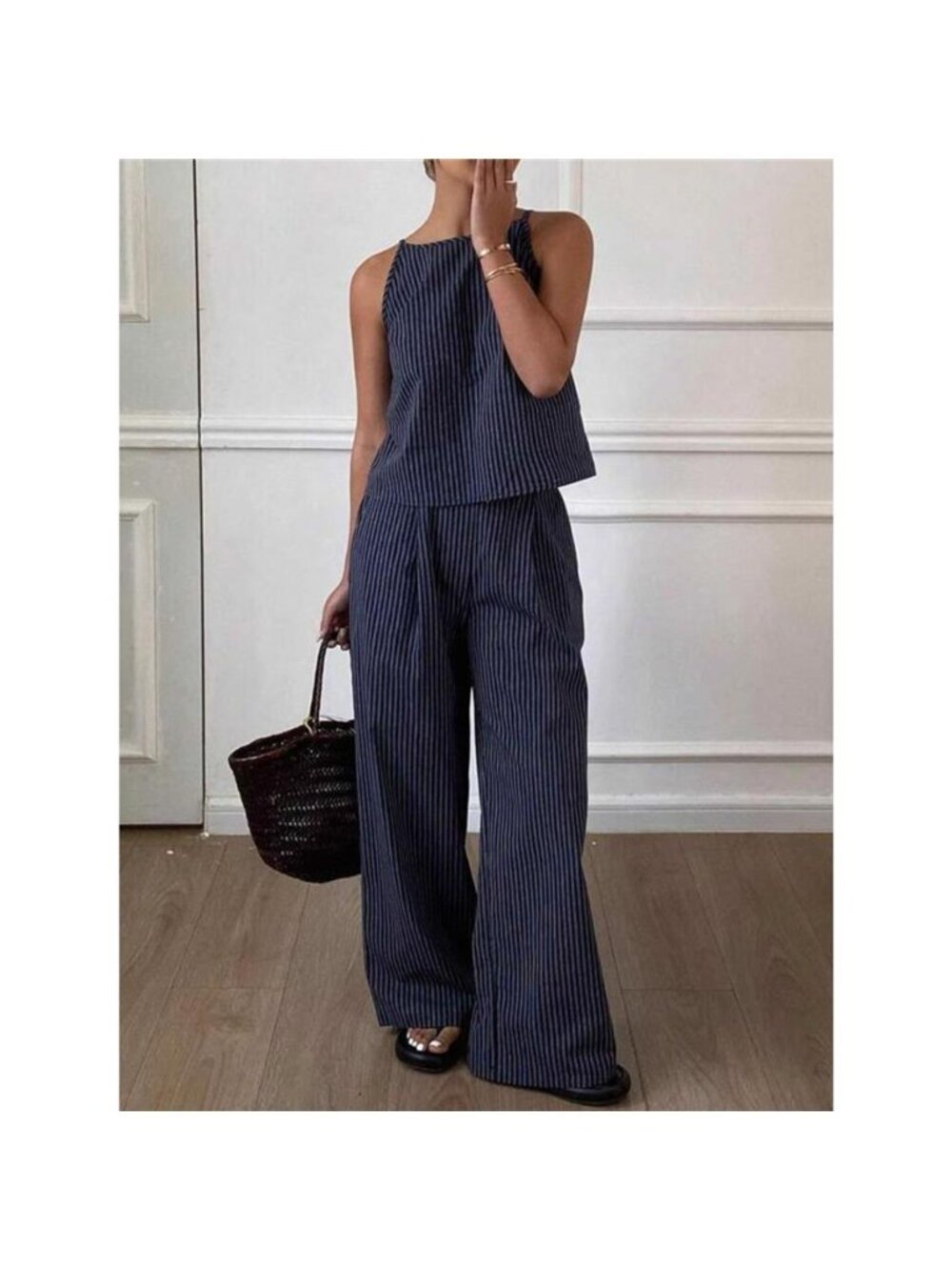 Striped Sleeveless Top and Wide-Leg Pants Set